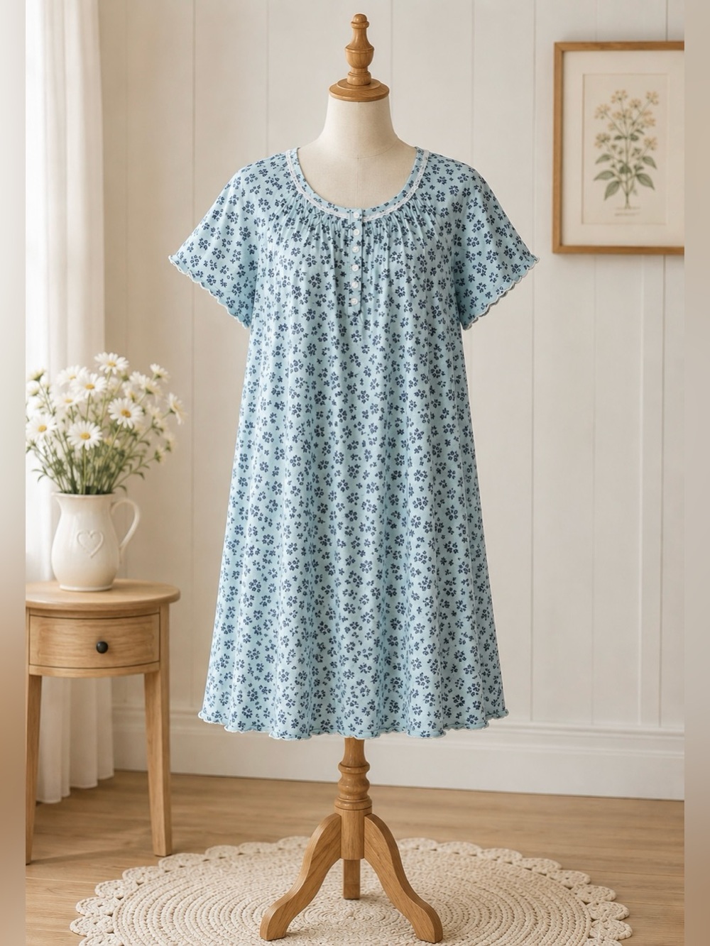 100% Cotton Aria Collection Grannycore Baby Blue Floral Lace Trim Night Dress XL